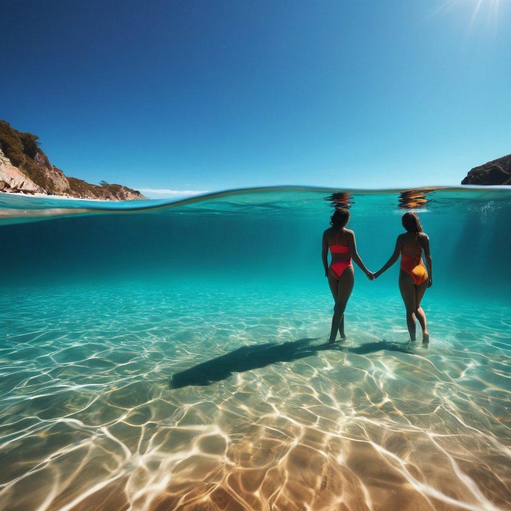 A split scene featuring a bright, sunlit beach on one side with vibrant swimwear styles, and on the other side, a moody underwater landscape symbolizing emotional depths, with darker palettes and abstract representations of feelings. Include contrasting elements like happy beachgoers and shadowy silhouettes in the water. super-realistic. vibrant colors. dynamic composition.
