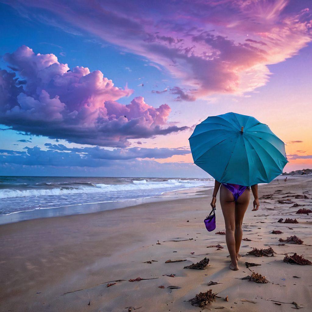 A solitary figure on a desolate beach, wearing a striking bikini, surrounded by fading summer colors, evoking a sense of nostalgia. The sky above is a moody gradient of blues and purples, with wispy clouds, while the sandy shore reflects gentle waves lapping at the feet. Incorporate elements like a nearby abandoned beach umbrella and scattered seashells to highlight the theme of melancholy. soft-focus. surreal. vibrant colors.