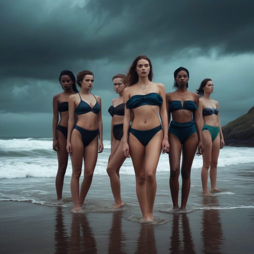 A surreal beach scene depicting a series of models in provocative swimwear, styled in dark, moody colors to represent sadness. Overcast skies loom above, creating a contrast with the vibrant, flowing fabrics of the swimwear. The models express varying emotions, capturing both melancholy and allure, while the waves gently crash in the background. Soft, ethereal lighting enhances the feeling of gloom. digital painting. vibrant colors. moody atmosphere.
